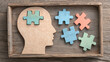 © Martn - Wooden head with puzzle pieces communicating cognitive training learning therapy and the process of building memory and mental skills.