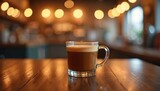Freshly brewed espresso in glass cup on walnut wood table. Rich crema, dark robust coffee. Warm ambient lighting effect in cafe creates cozy, inviting atmosphere for aromatic hot drink.