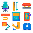 © SanyBRZ - Ergonomic Office Setup Icons. Flat vector icons of home office ergonomics and setup: chair with adjustable lumbar support, height