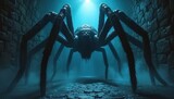 Giant spider creature lurks in dark dungeon corridor. Eerie blue mist and stone architecture create chilling atmosphere. Ominous monster evokes fear and nightmare. Surreal fantasy art.