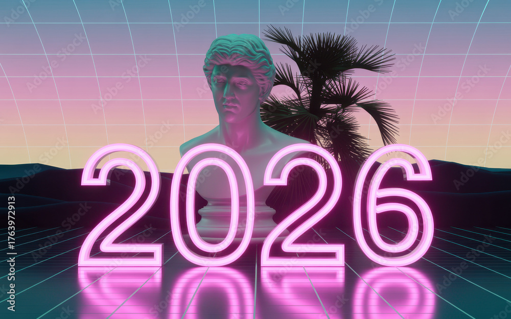 Retro Vaporwave 2026 A Neon Sign With A Greek Statue And Palm Tree For 1000 F 1763972913 