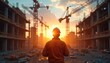 © Maryna - Construction worker on building site at sunset. Man in helmet watching project. Cranes, buildings in background. Engineer foreman on construction site, architecture industry. New real estate.