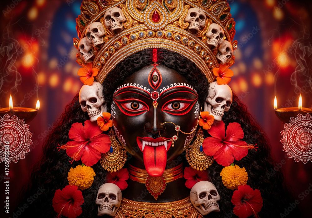 Kali Ma, Hindu Goddess of Destruction and Transformation, Skulls, Red