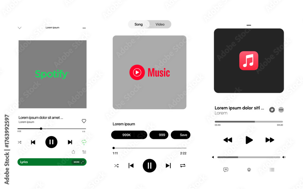 Stockvektorbilden Spotify YouTube Music and Apple Music player screens ...