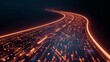 © Syuhuud - Golden Digital Network Road — Futuristic curved data highway illuminated in golden and amber light over a dark navy tech grid.