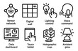 © peppastocker - Smart Environments outline icon set: sensor network, digital wall, lighting control, voice command, data dashboard, touch tablet, holographic map, ambient glow. , , High resolution