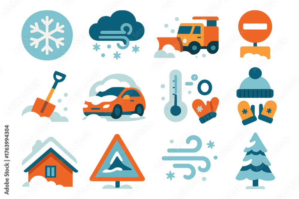 Snowstorms flat icons: snowflake, blizzard cloud, snowplow, road ...