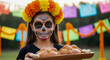 © Jafree - Young girl with day of the dead makeup wearing a flower crown and holding traditional bread outdoors. concept of cultural celebration, mexican heritage, festive tradition