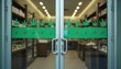 © Maryna - Glass doors with cannabis leaf pattern decorations lead to legal dispensary interior. Shelves stocked with products visible inside modern retail establishment. Entrance signifies legitimate market