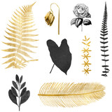 Hand drawn png leaf flower metallic golden black vintage sticker set