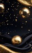 © VictoriaEmerson - Golden disco balls and sparkling glitter shimmer on black satin, creating a festive, elegant, and luxurious party background