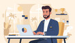© Tintin - Successful Middle Eastern businessman working on a laptop in a modern office with a city view and palm trees, symbolizing growth, achievement, and a thriving career in a dynamic urban environment.