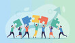 © Aubrez - Vibrant flat illustration of a diverse team of people collaborating to connect colorful puzzle pieces, symbolizing teamwork, strategy, and business growth, set against a gradient background with