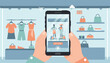 © Jusmine - Hands holding a smartphone, capturing a photo of a virtual fashion store display with mannequins and clothing, representing online shopping and e-commerce technology, with icons for shopping cart