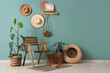 © Pixel-Shot - Interior of room with wooden chair, houseplants, wicker basket and shelf on blue wall