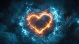 Fiery heart in a storm of blue and orange flames.  Possible use Digital art, Valentine's Day, love concept