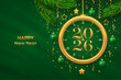 © iuriimotov - Happy New Year 2026. Golden New Year countdown clock with numbers 2026. Bauble balls, gold metallic stars, confetti on green background. New Year greeting card or party invitation. Vector illustration