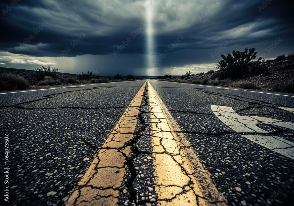 Dramatic cracked desert road under dark stormy sky with a beam of light ...