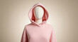 © ADD PHOTO - Pink hoodie faceless mannequin minimal style soft fabric casual fashion pastel color modern clothing unisex comfortable studio lighting neutral background