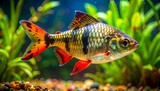 A colorful, striped fish swims in an aquarium with lush green plants. Its body features black stripes, and its fins have vibrant orange and red