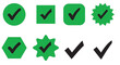© STARLINE - Collection of green check mark icons isolated on white background includes various shapes such as circles, squares, stars, hexagons, and simple check marks, all in a flat design style