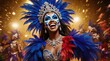 © innovative - joyful woman adorned in vibrant feathered carnival costume, celebrating with dazzling energy | festive, celebration, portrait, costume, culture theme