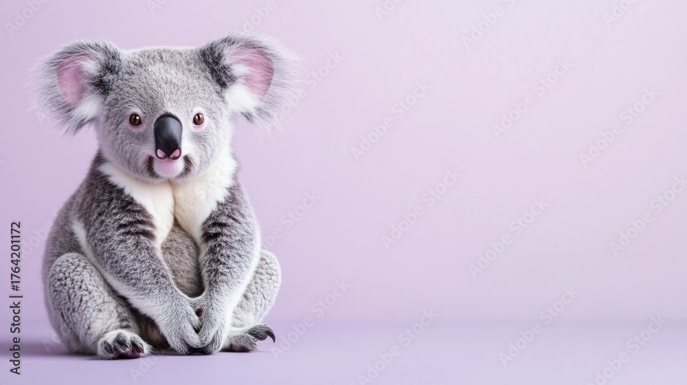 A cute baby koala sitting on a solid pastel purple background with space above for text