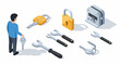 © Asep - Isometric illustration of a locksmith or repairman concept, featuring a person holding keys, various security locks, keys, and spanner tools.