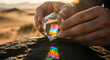 © MiniRiz - Hands Holding a Crystal Prism Reflecting a Colorful Rainbow on a Desert Surface During Sunset