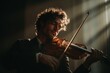© DIMENSIONS - Emotional classical violinist deeply focused on playing beautiful music in dramatic lighting, solo performance in a dark elegant concert hall, close-up of musician's expressive facial expressions