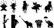 © Masud World - Elephant, circus, silhouette, cartoon, juggling, unicycle, top hat, wings, ball, trumpet, umbrella, playful, animal, fun, entertainment, fantasy, black, white, whimsical, activity, performance