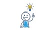 © relita - Hand drawn stick figure character pointing to a glowing lightbulb idea.