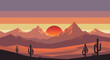 © Stockoria - A beautiful Retro Mountain Sunset illustration showcasing a tranquil desert landscape with a warm Vintage color palette