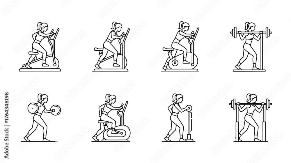 Fitness Routine Icons: A comprehensive set of line art icons depicting ...