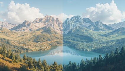  Rendering alpine panorama with golden and blue split at mountain lake, with pine trees and peaks