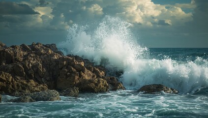  Crashing wave sending white sea foam against jagged brown rocks along shoreline, beneath cloudy sky