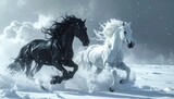 Czarny i biały koń biegnące po głębokim śniegu
