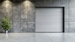 © pvl0707 - Modern industrial garage with rolling shutter doors and concrete wall, featuring an open entrance and closed security screen