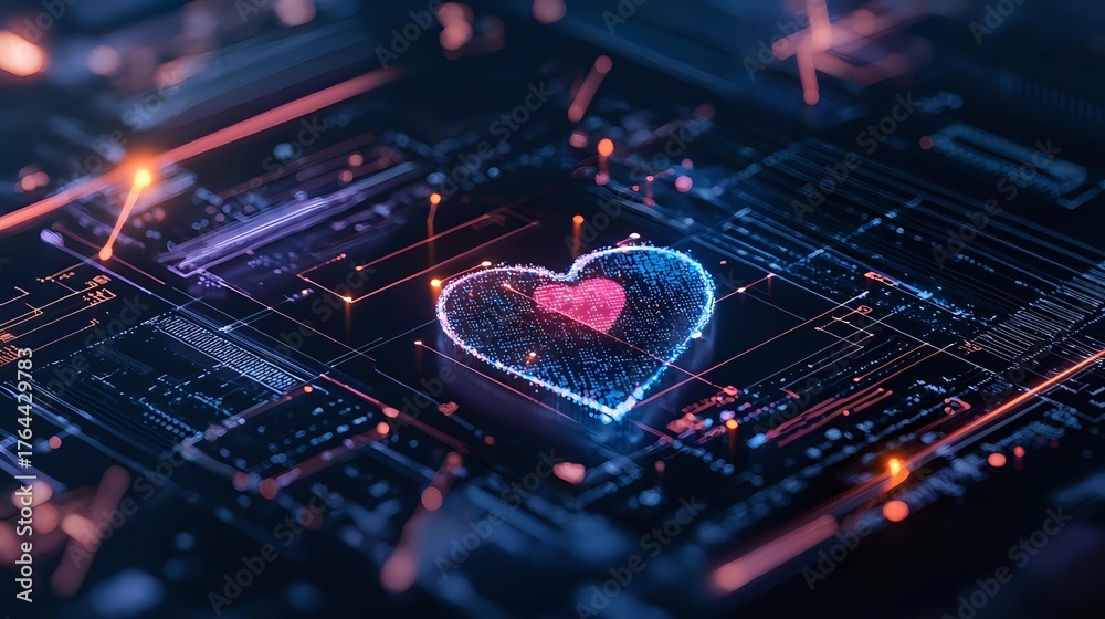 Glowing digital heart shape on circuit board with neon blue and red ...