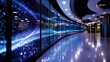 © Yuliia - Curved digital display wall with glowing blue light particles and reflective floor in modern corporate hallway creates futuristic technology atmosphere.