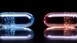 © Yuliia - Glowing transparent medical capsules with blue and red illumination and sparkling particles inside on black reflective surface with mirror effect.