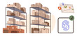 © robu_s - Stacked storage shelves with boxes, map with pins for location tracking, and secure fingerprint symbol. Ideal for logistics, inventory, supply chain, shipping, warehouse management, delivery simple
