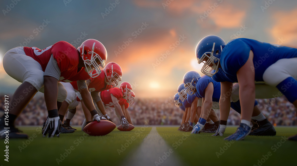Two football teams in vivid red and blue gear face off under a stunning ...