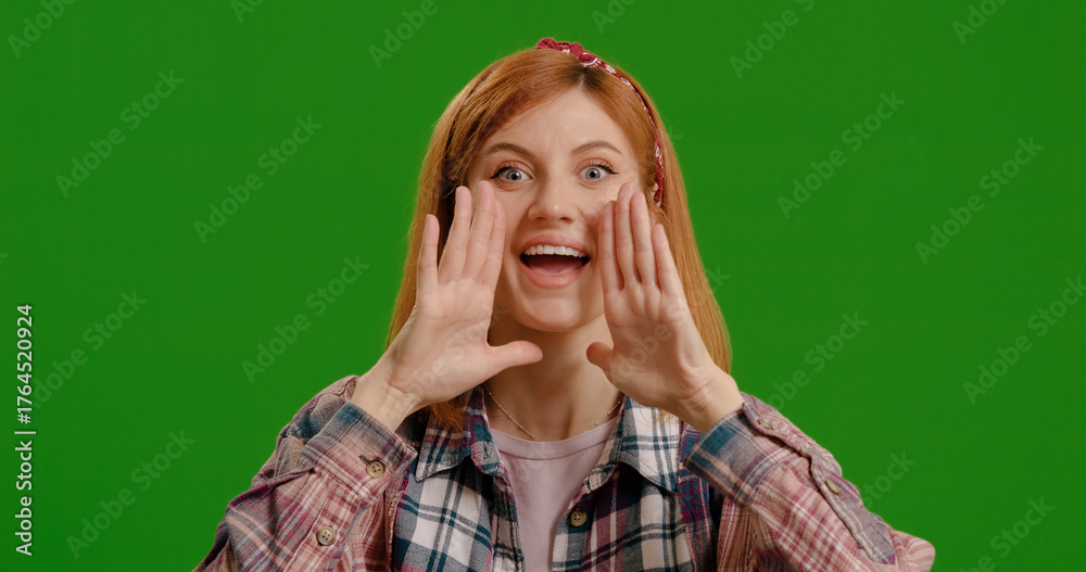 Woman smiling scream and shout calling inviting with hands at mouth say ...
