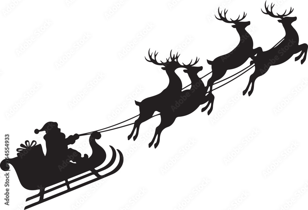 Vector art of santa claus in his sleigh pulled by reindeer silhouette ...