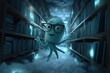 © River Girl - A wise octopus wearing glasses is floating among shelves of glowing books in a library. The cartoon character looks curious and adventurous as it explores the vast collection of knowledge.