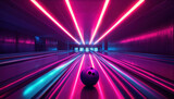 Blue bowling ball striking pins in motion on dark abstract background with city lights and speed blur effects