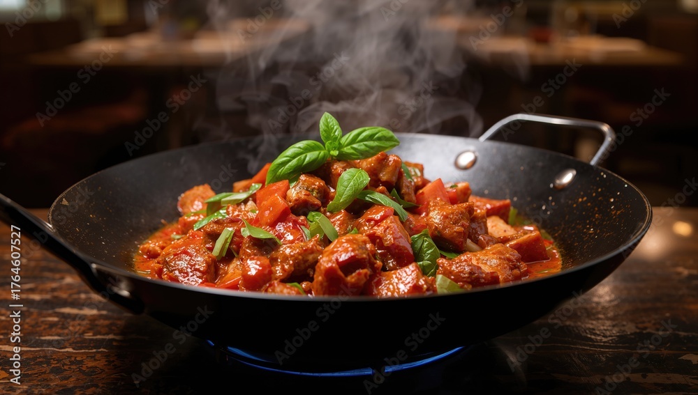 Spicy stir-fried pork and sausage with basil leaves
