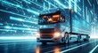 © REZAUL4513 - Modern Semi- Truck Driving on a Digital Highway with Blue Light Streaks semi-truck