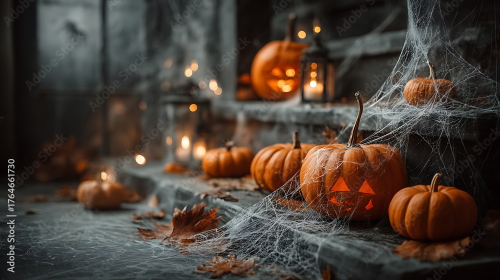 Halloween - Jack - O - Lanterns on Steps with Spider Webs and ...
